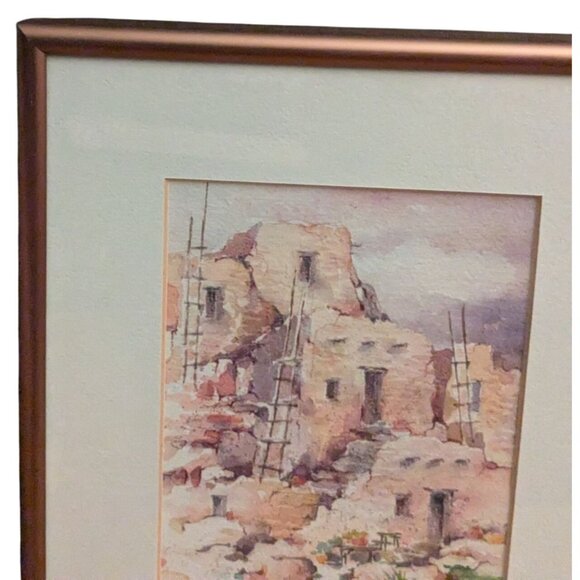 Faulkner Watercolor Painting Of Adobe Pueblo Scene In Copper Frame - Picture 2 of 16